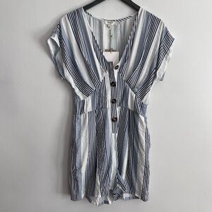 Umgee White And Blue Striped V Neck Romper with Pockets